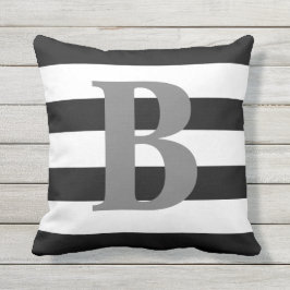 Modern zwart-wit gestreept patroon grijs monogram buitenkussen