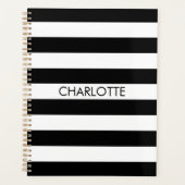 Modern zwart wit gestreepte aangepaste naam monogr planner (Voorkant)