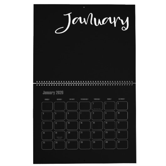 Modern zwart-wit gevuld kalender (Jan 2026)