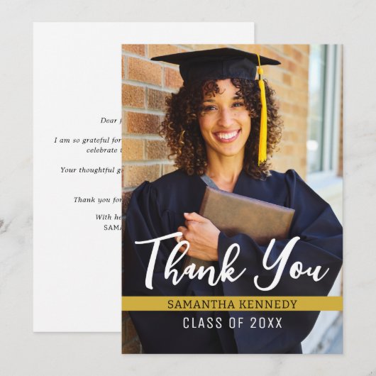 Modern Zwart Wit Goud 2025 Afstuderen Foto Bedankkaart (Voorkant / Achterkant)