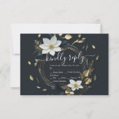 Modern Zwart Wit Goud Bloemen Krans Bruiloft RSVP (Voorkant)