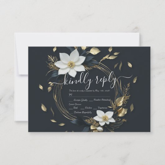 Modern Zwart Wit Goud Bloemen Krans Bruiloft RSVP (Voorkant)