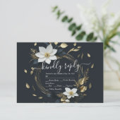 Modern Zwart Wit Goud Bloemen Krans Bruiloft RSVP (Staand voorkant)