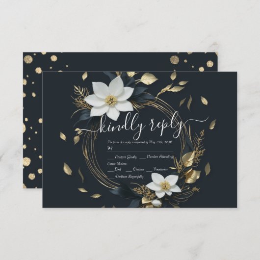 Modern Zwart Wit Goud Bloemen Krans Bruiloft RSVP (Voorkant / Achterkant)