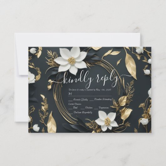 Modern Zwart Wit Goud Bloemen Krans Bruiloft RSVP (Voorkant)