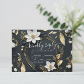 Modern Zwart Wit Goud Bloemen Krans Bruiloft RSVP (Staand voorkant)