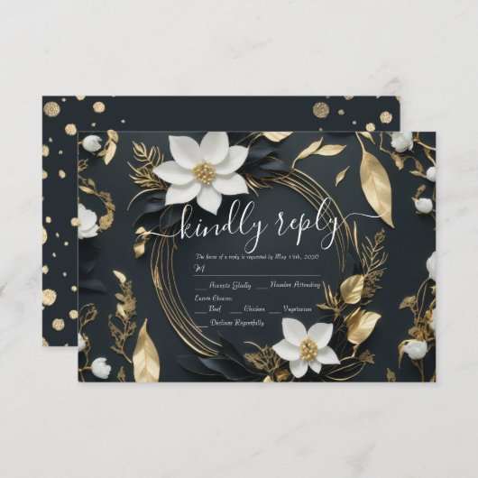 Modern Zwart Wit Goud Bloemen Krans Bruiloft RSVP (Voorkant / Achterkant)