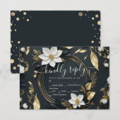 Modern Zwart Wit Goud Bloemen Krans Bruiloft RSVP Kaartje (Voorkant / Achterkant)