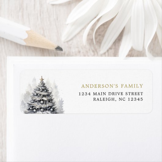 Modern Zwart & Wit Goud Kerstboom Party Etiket (Insitu)
