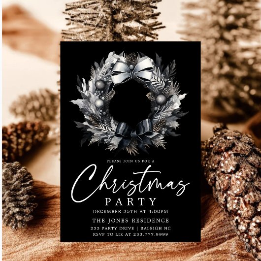Modern Zwart & Wit Goud Kerstkrans Party Kaart
