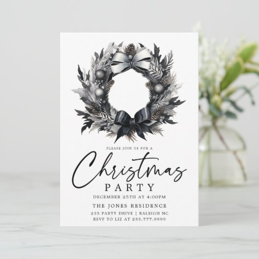 Modern Zwart & Wit Goud Kerstkrans Party Kaart (Staand voorkant)