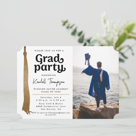 Modern Zwart Wit Goud kwastje Afstudeerder Party f Kaart (Staand voorkant)