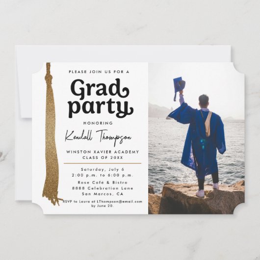 Modern Zwart Wit Goud kwastje Afstudeerder Party f Kaart (Voorkant)