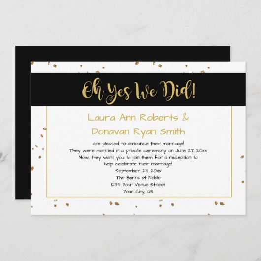 Modern zwart wit goud sprankelt alleen receptie kaart (Voorkant / Achterkant)