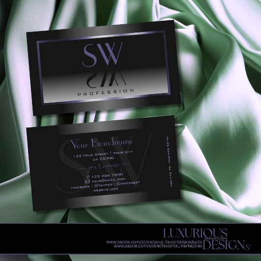 Modern Zwart Wit Gradiënt Blauw Lijst Monogram Visitekaartje