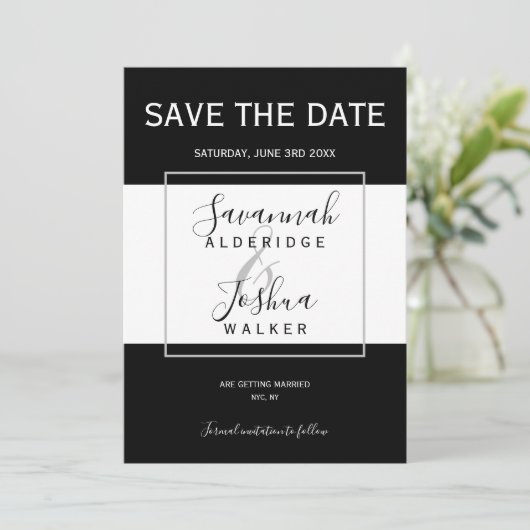 Modern Zwart, Wit, Grijs Bruiloft Save the Date Kaart (Staand voorkant)