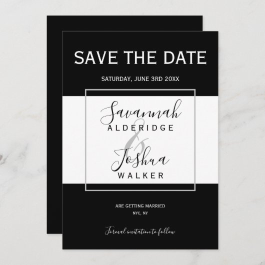 Modern Zwart, Wit, Grijs Bruiloft Save the Date Kaart (Voorkant / Achterkant)