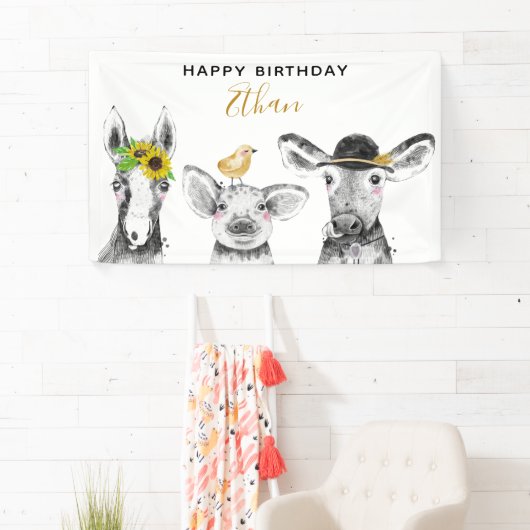 Modern Zwart & Wit Hand getrokken Barnyard Verjaar Spandoek (Insitu)