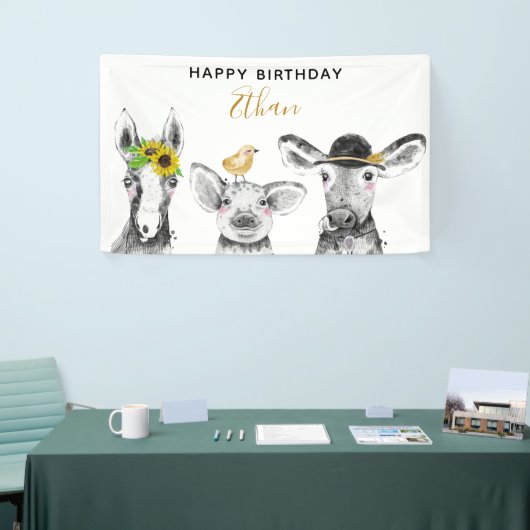 Modern Zwart & Wit Hand getrokken Barnyard Verjaar Spandoek (Beurs)
