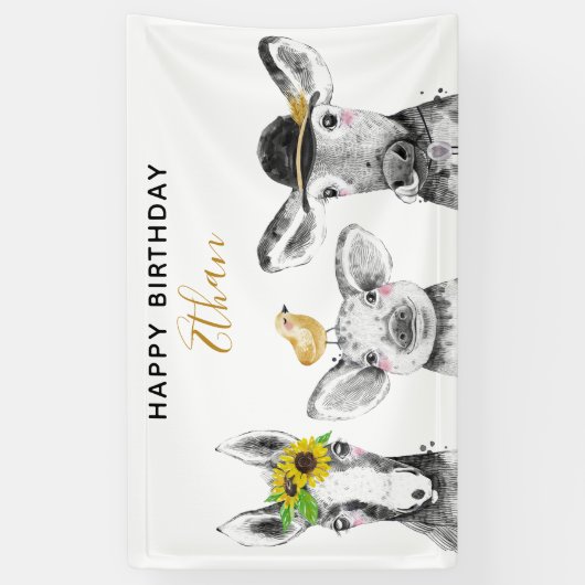 Modern Zwart & Wit Hand getrokken Barnyard Verjaar Spandoek (Verticaal)