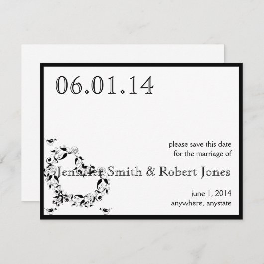 Modern Zwart-wit hart Save the Date (Voorkant / Achterkant)