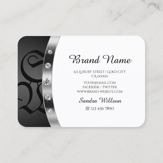 Modern zwart-wit helder zilver met monogram visitekaartje (Achterkant)