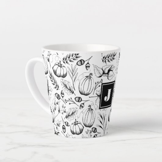Modern zwart-wit Herfst Illustratie Monogram Latte Mok (Linkerhoek)