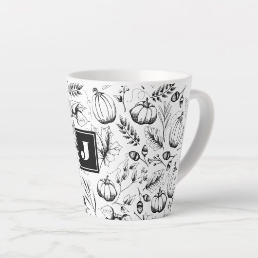 Modern zwart-wit Herfst Illustratie Monogram Latte Mok (Rechterhoek)