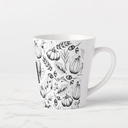 Modern zwart-wit Herfst Illustratie Monogram Latte Mok (Rechts)