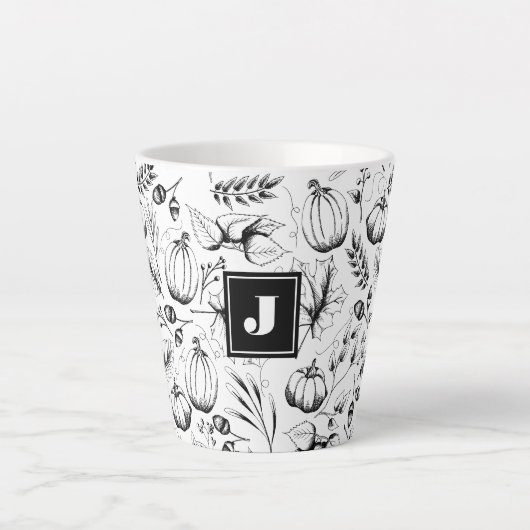 Modern zwart-wit Herfst Illustratie Monogram Latte Mok (Voorkant)