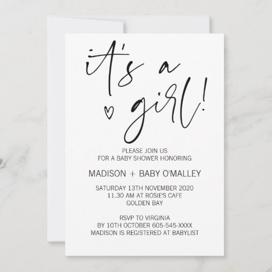 Modern zwart-wit Het is een meisje Baby shower Kaart (Voorkant)