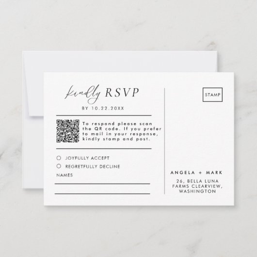 Modern Zwart & Wit Huwelijk QR Code RSVP Briefkaar (Voorkant)
