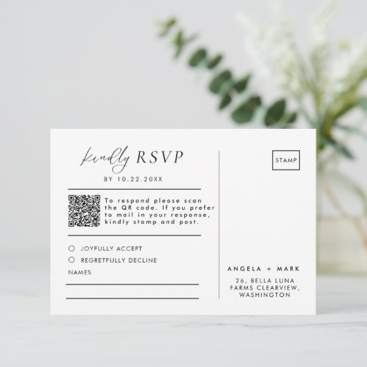 Modern Zwart & Wit Huwelijk QR Code RSVP Briefkaar (Staand voorkant)