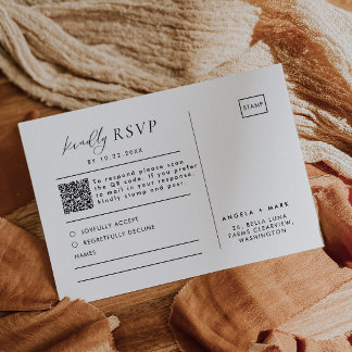 Modern Zwart & Wit Huwelijk QR Code RSVP Briefkaar Kaartje