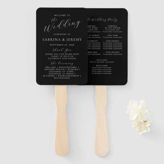 Modern zwart-wit huwelijksprogramma in script handwaaier (Voorkant en achterkant)