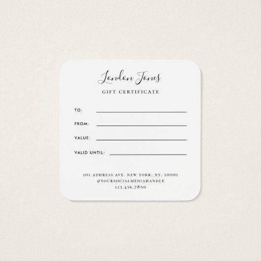 Modern Zwart Wit Kalligrafie Cadeaubon Vierkante Visitekaartjes (Achterkant)