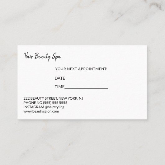 Modern zwart wit kapsalon volgende afspraak visitekaartje (Achterkant)