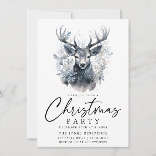 Modern Zwart & Wit Kerst Rendier Party Kaart (Voorkant)