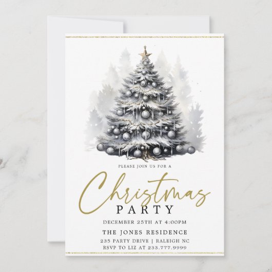 Modern Zwart & Wit Kerstboom Party Goud Kaart (Voorkant)