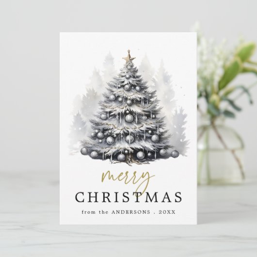 Modern zwart-wit kerstboomfeest feestdagenkaart (Staand voorkant)