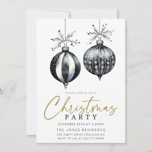 Modern Zwart & Wit Kerstmis Ornamenten Party Kaart (Voorkant)