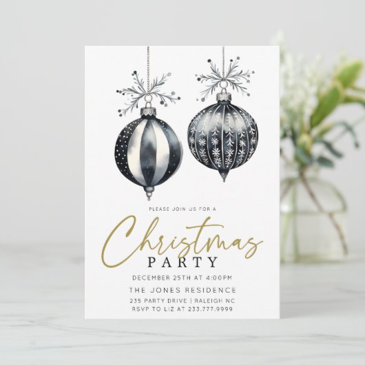 Modern Zwart & Wit Kerstmis Ornamenten Party Kaart (Staand voorkant)