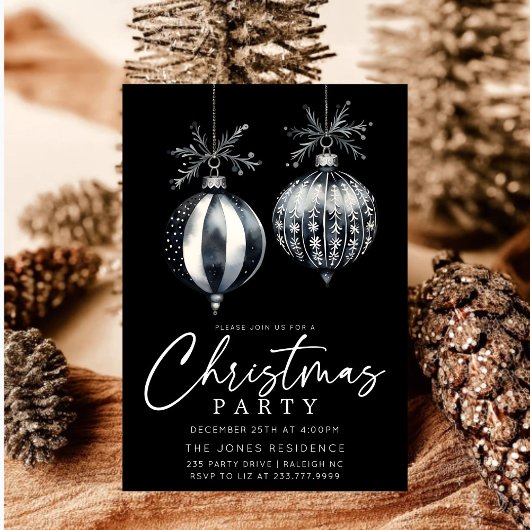 Modern Zwart & Wit Kerstmis Ornamenten Party Kaart