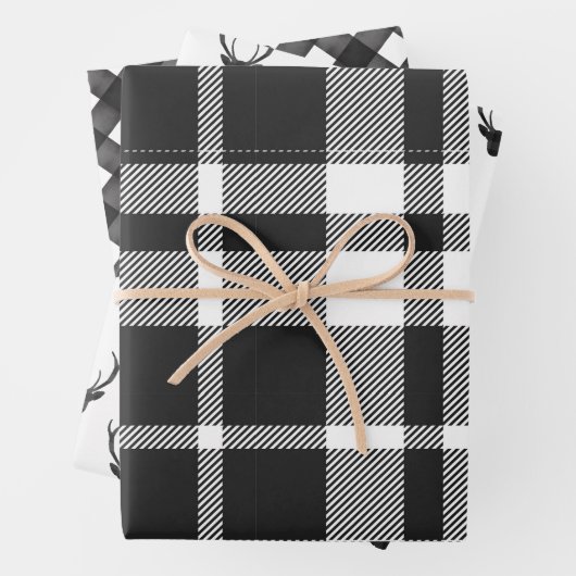 Modern Zwart & Wit Kerstmis Plaid & Rendier Inpakpapier Vel (In situ)