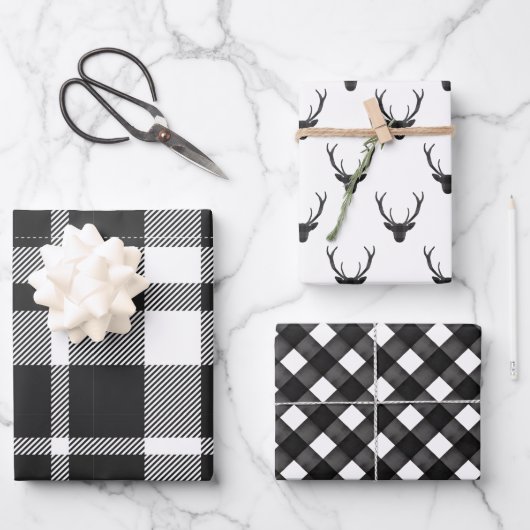 Modern Zwart & Wit Kerstmis Plaid & Rendier Inpakpapier Vel (Voorkant)