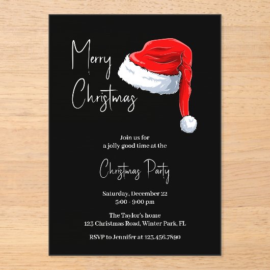 Modern zwart-wit kerstmuts kerstfeest acryl uitnodigingen (Voorkant)