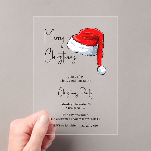 Modern zwart-wit kerstmuts kerstfeest acryl uitnodigingen (Insitu (Draagbaar))