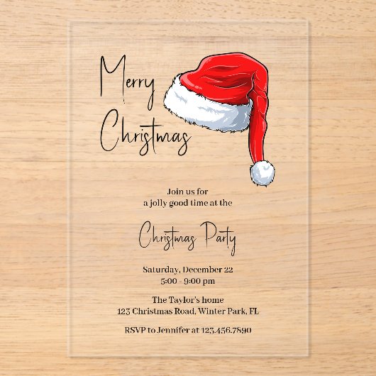 Modern zwart-wit kerstmuts kerstfeest acryl uitnodigingen (Voorkant)