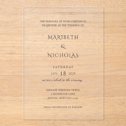 Modern zwart-wit klassiekers bruiloft acryl uitnodigingen (Voorkant)