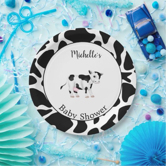 Modern zwart-wit Koe afdrukBaby shower Papieren Bordje (Feest)